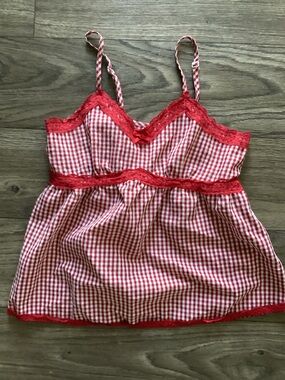Red Gingham Lace-Trim Cami Top